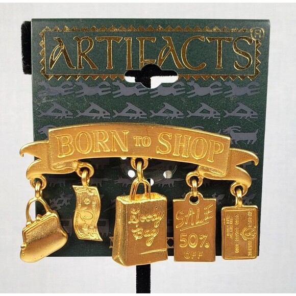 Vintage 1986 JJ Jonette Gold Tone Born To Shop Charms Artifacts Brooch - Picture 1 of 7